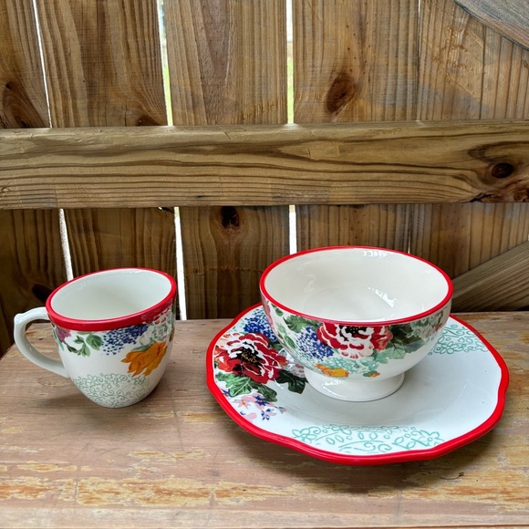 Pioneer Woman Country Garden 3 Piece Set Footed Soup Bowl, Plate & Latte Mug - Picture 1 of 16